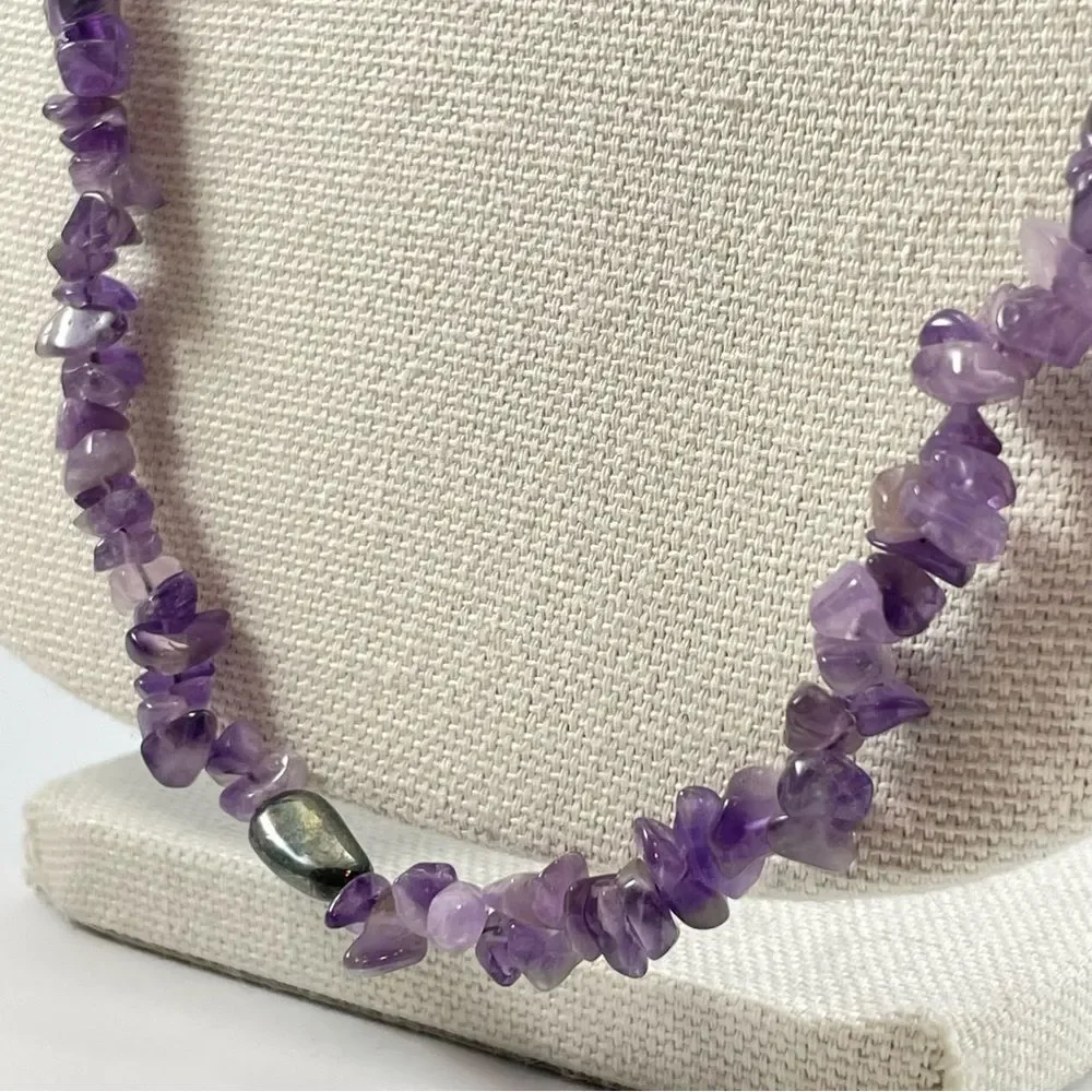 925 Sterling Silver Unsigned Long Amethyst Hematite Single Strand Necklace